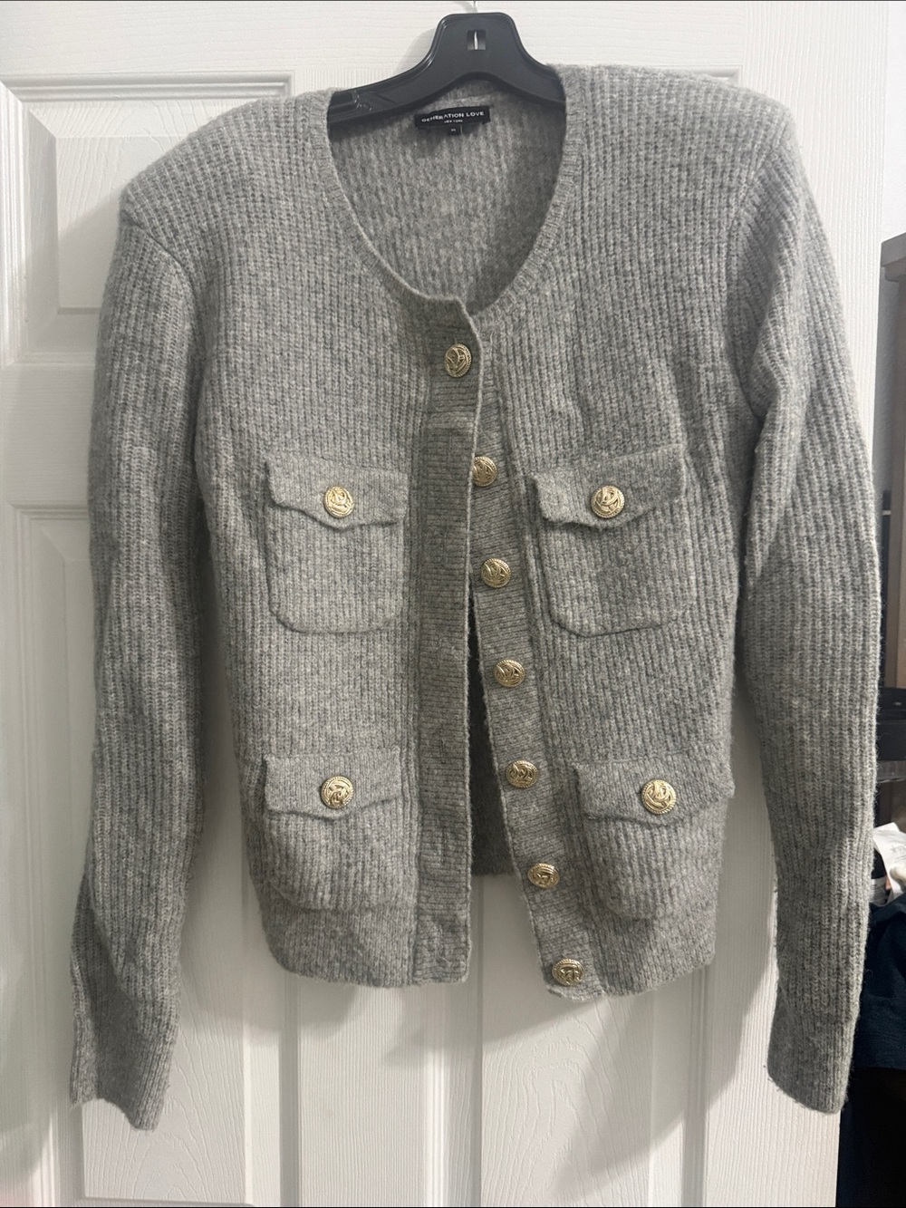Generation Love Gray Ribbed Cardigan with Gold Buttons